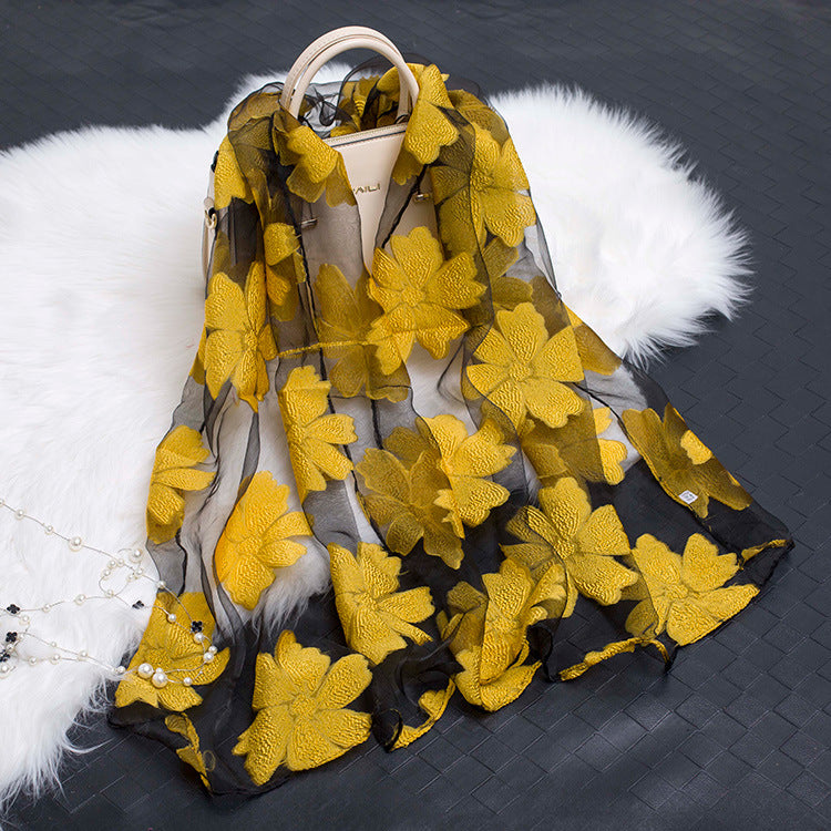 Silk Scarf Featuring Floral Cutwork Hollow Motif Accessory