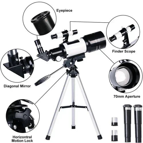 70 mm-es nyílású távcső 300 mm-es fókusztávolsággal, könnyű csillagászathoz és természetmegfigyeléshez