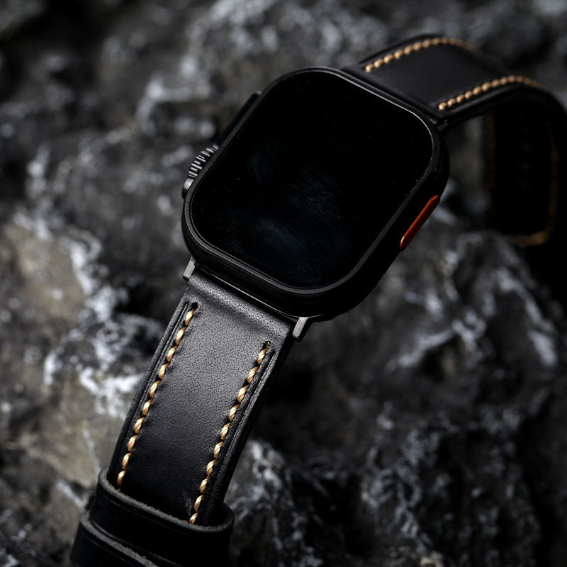 Durable Black Leather Strap With Gold Piped Stitching
