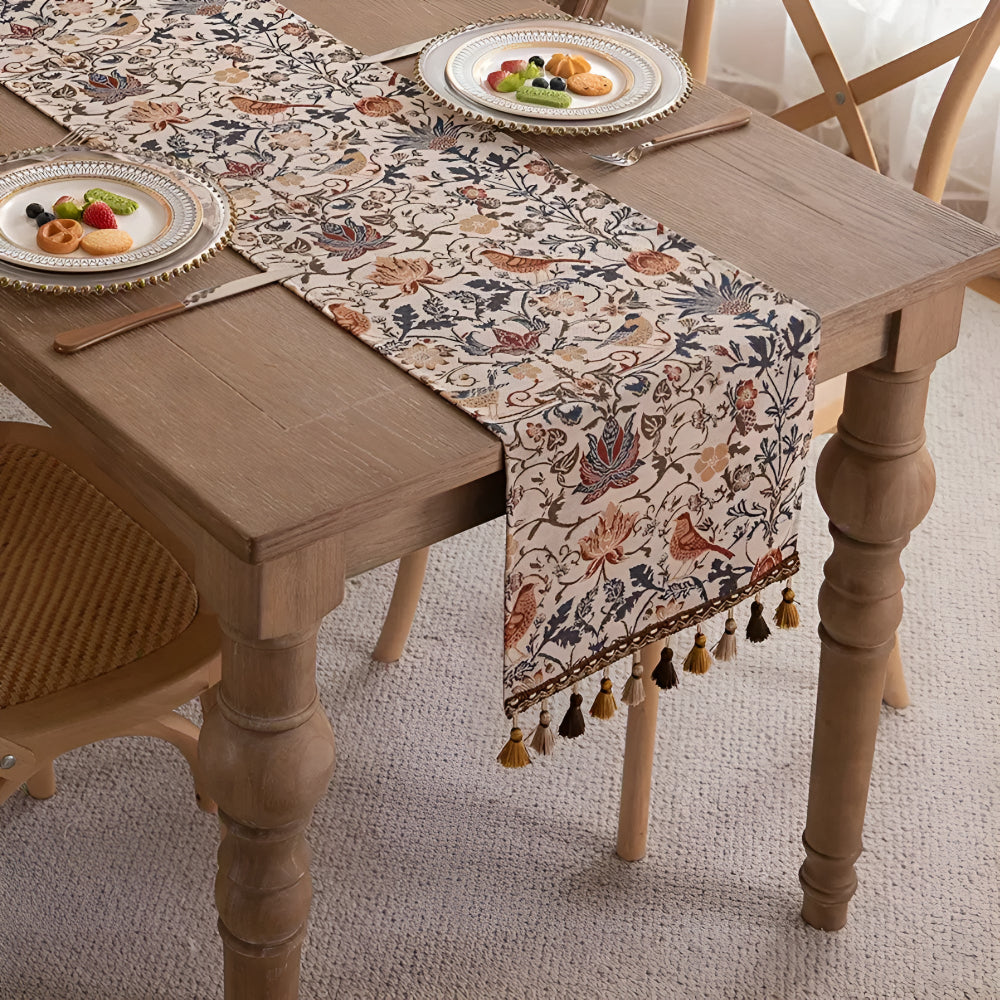 Elegant Country Dining Table Runner with Vintage Floral and Bird Jacquard
