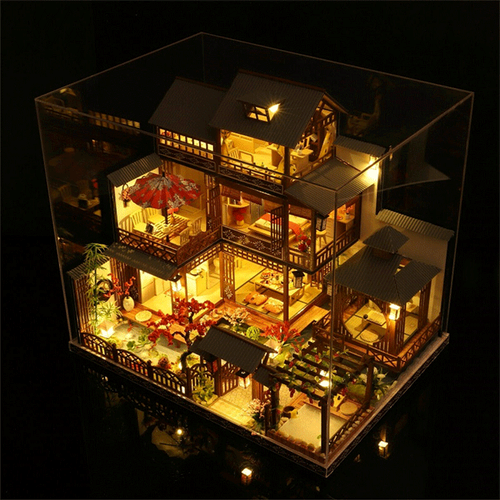 広々としたリアルな木製ドールハウス LEDライト付き DIYミニチュアプレイハウス用