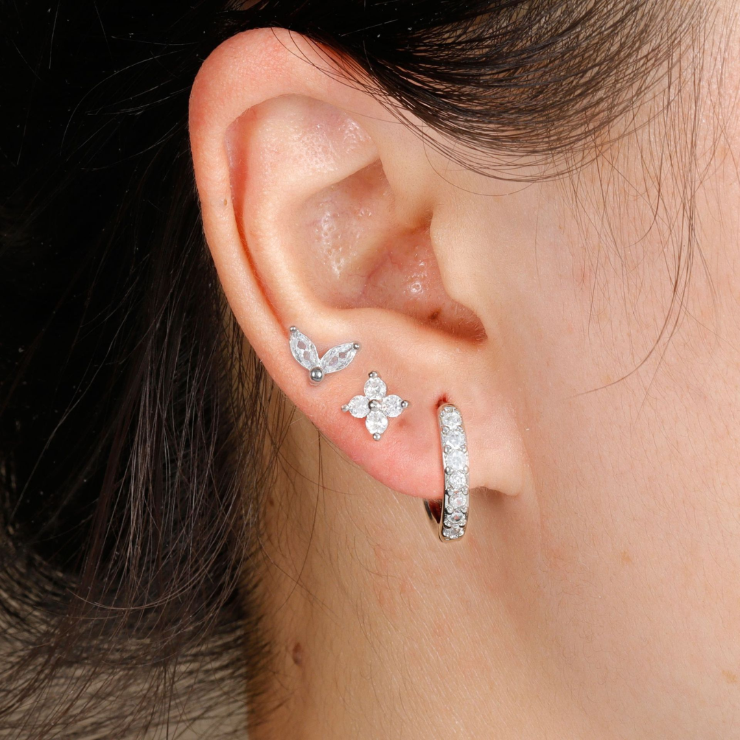 Floral Earrings Set With One Small Hoop And Tulip Stud Petal Stud