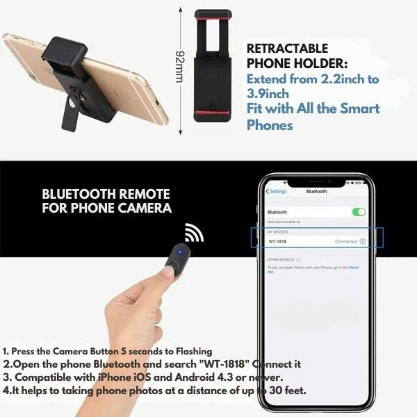 安定した写真と動画のためのBluetoothリモコン付きスマホ三脚、3-in-1セルフィースティックスタンド
