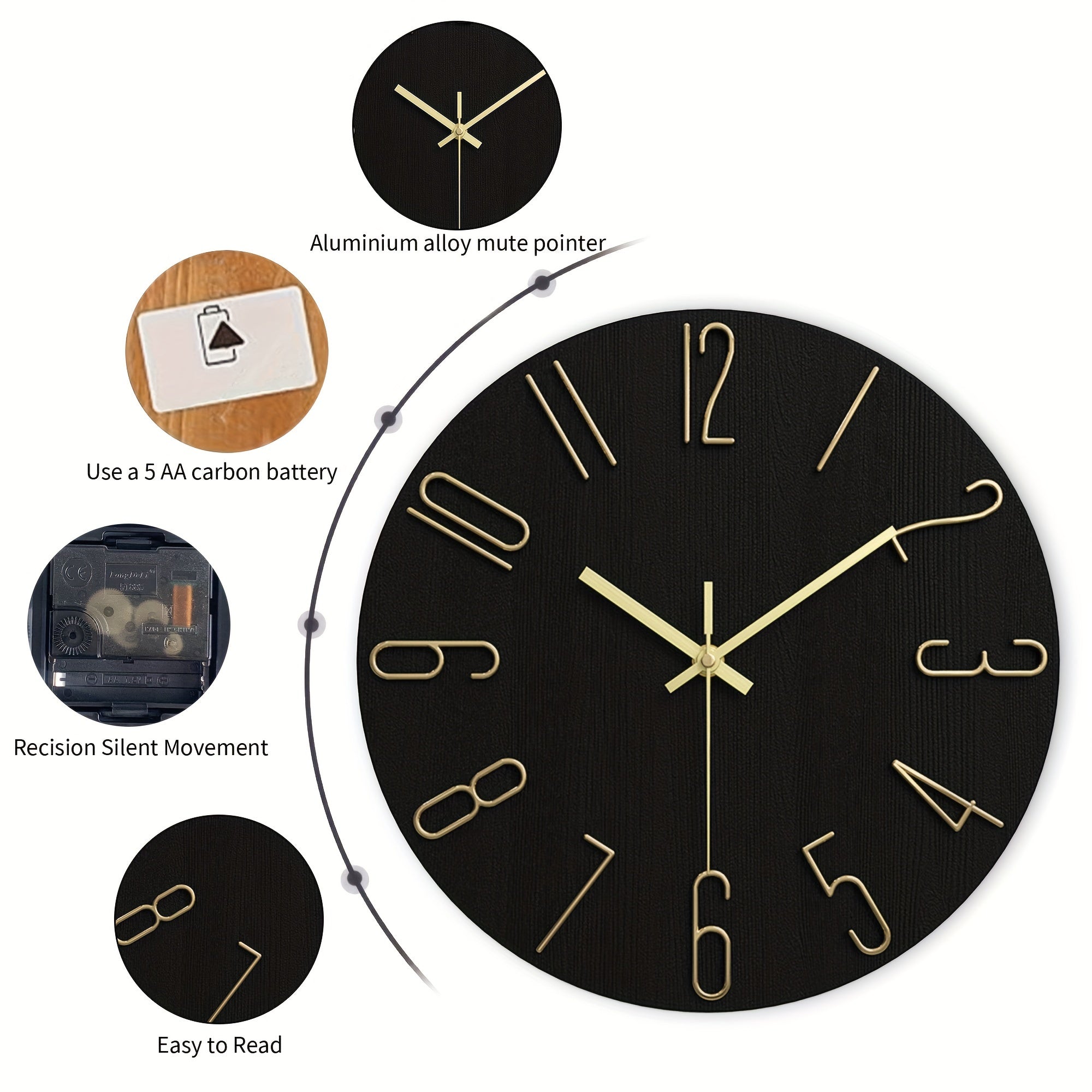 Luminair Runde Wanduhr, randloses minimalistisches Design in Schwarz und Gold