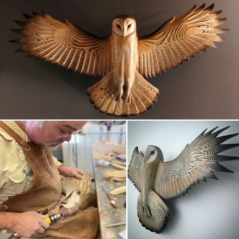 Majestätische Eulen-Holzwanddekoration – handgefertigte Wandskulptur in warmem Naturfinish