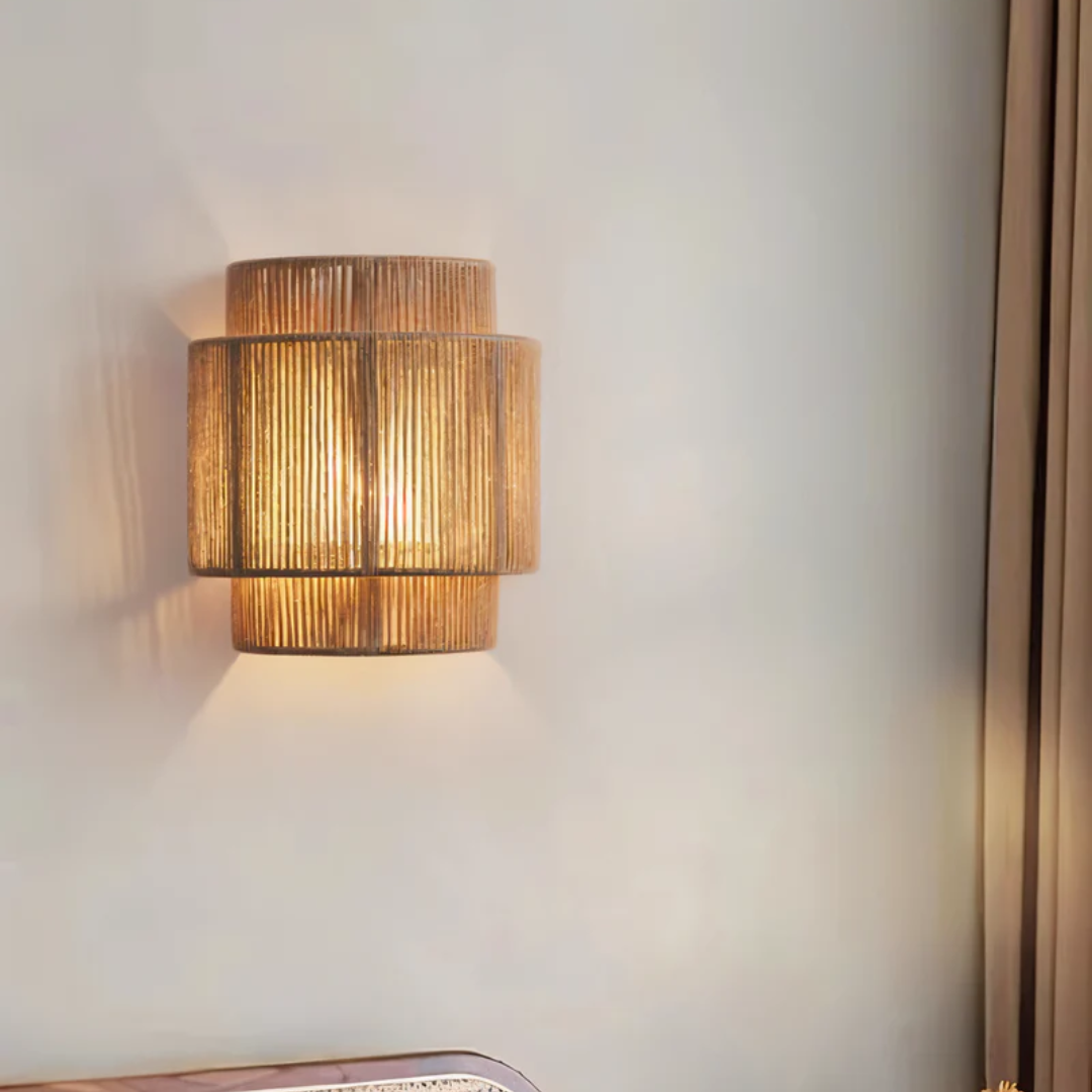 LumaHaven boho nástěnné světlo z ratanu s odstínem z konopného lana