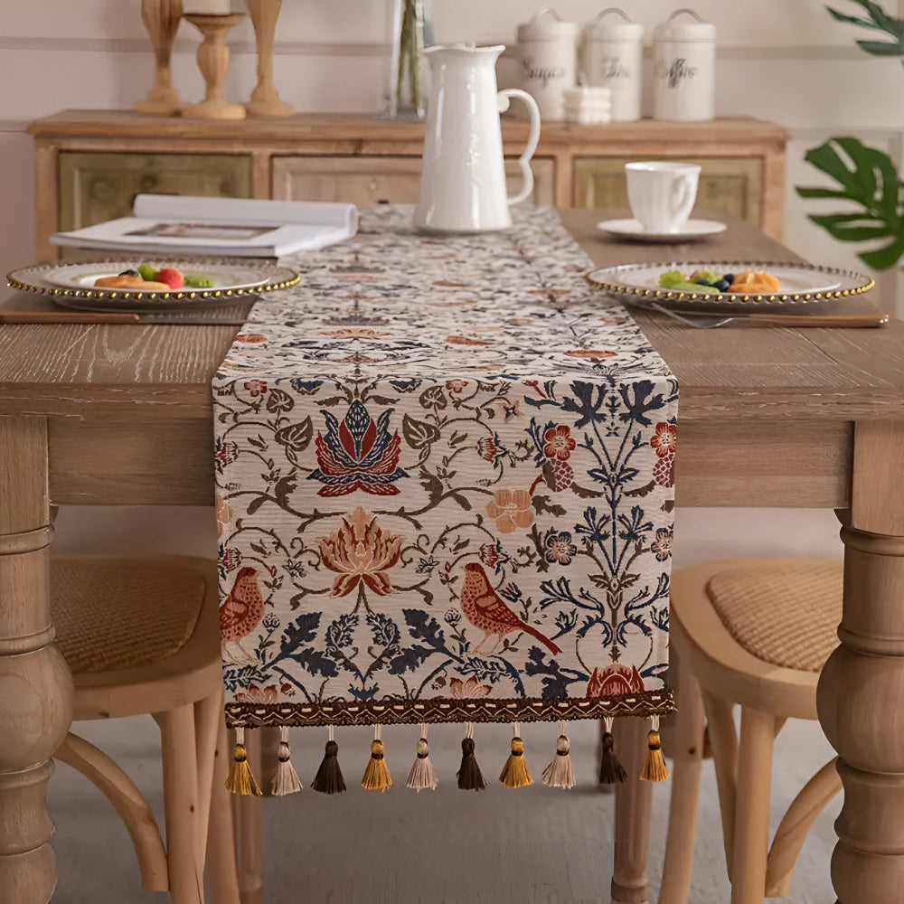 Elegant Country Dining Table Runner with Vintage Floral and Bird Jacquard