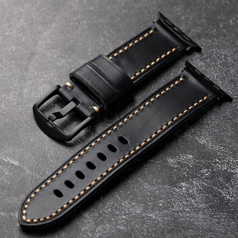 Durable Black Leather Strap With Gold Piped Stitching