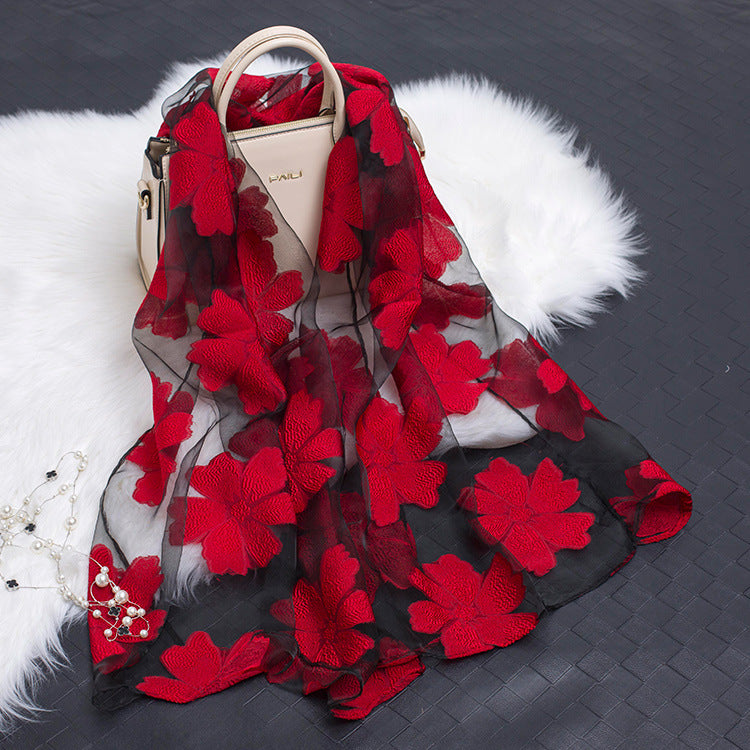 Silk Scarf Featuring Floral Cutwork Hollow Motif Accessory