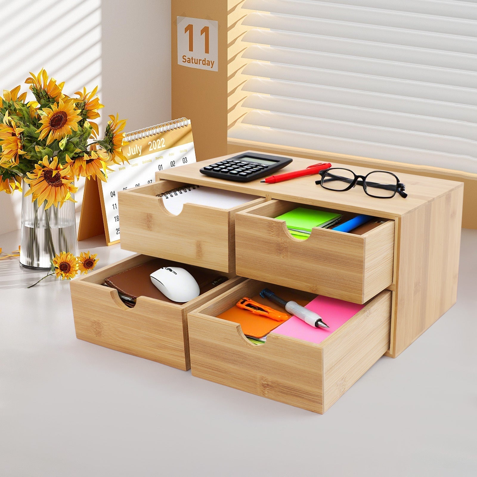 Quaddra Bamboo Fyra Lådor Organizer för Användning i Alla Rum