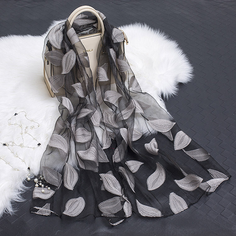 Silk Scarf Featuring Floral Cutwork Hollow Motif Accessory