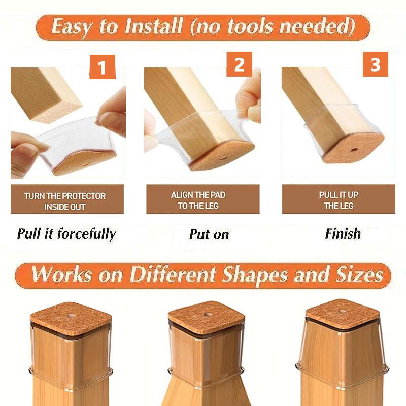 Clear Silicone Chair Leg Caps with Integrated Felt Pads