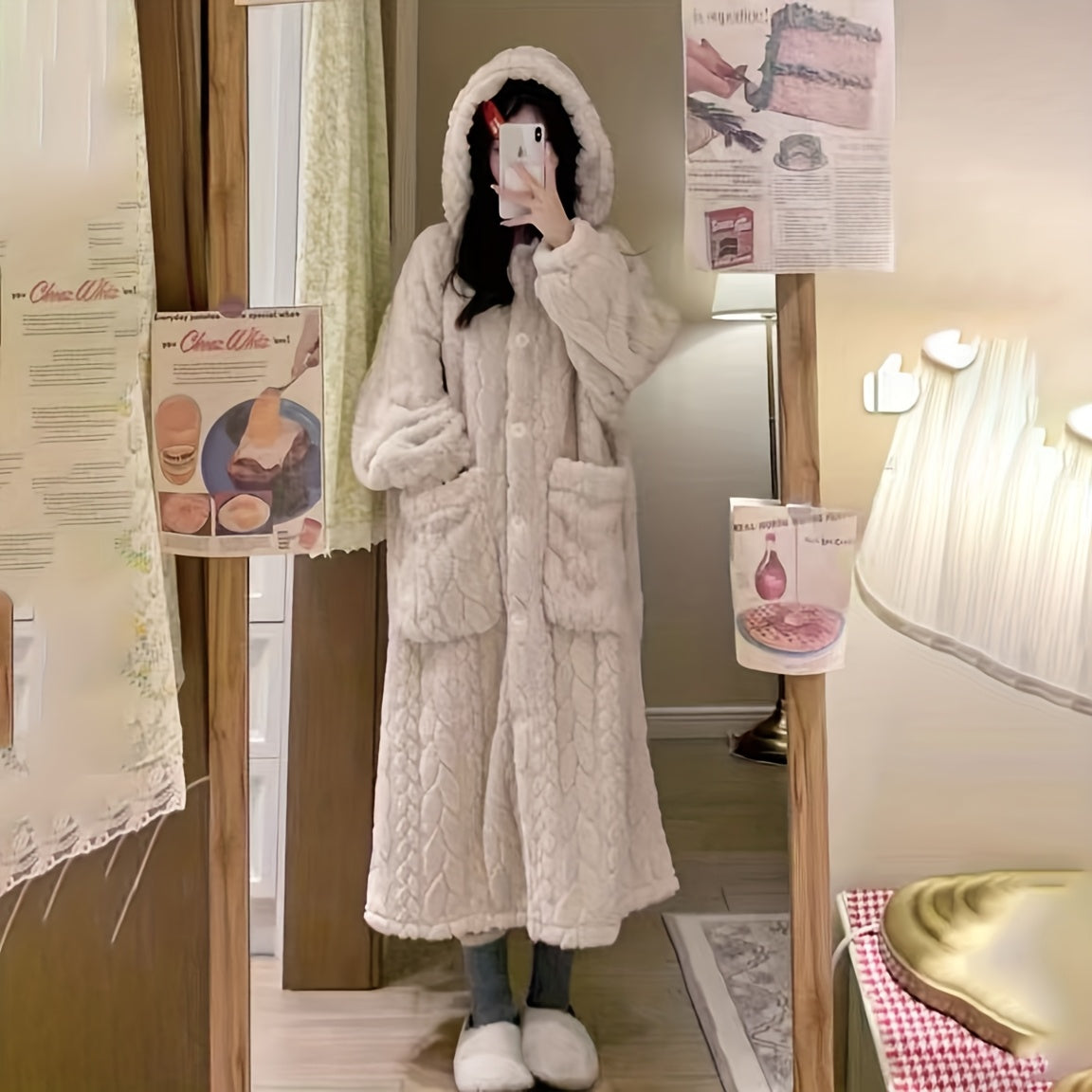 Velvélune Cream White Bathrobe With Striped Pattern