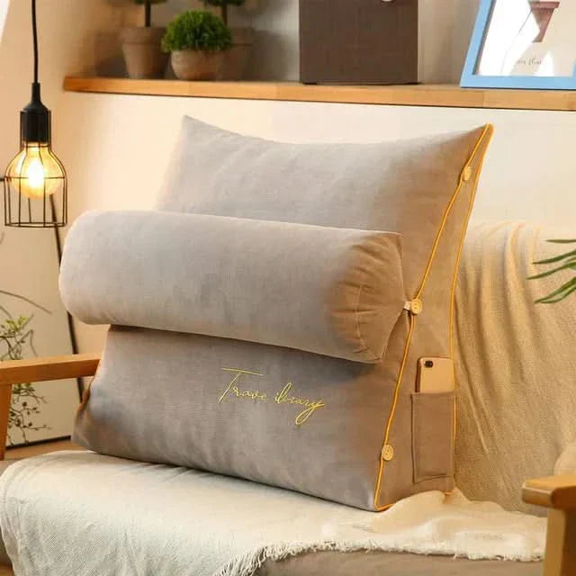 Angled Lumbar Support Cushion With Neck Roll For Reading Or Working Where You Sit Or Lie