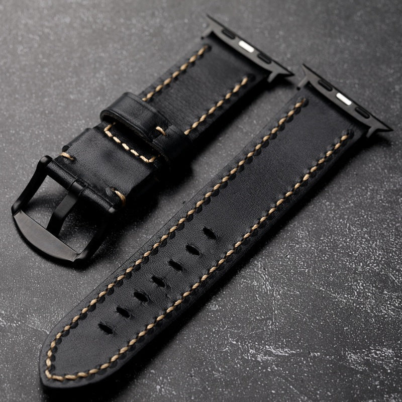 Durable Black Leather Strap With Gold Piped Stitching
