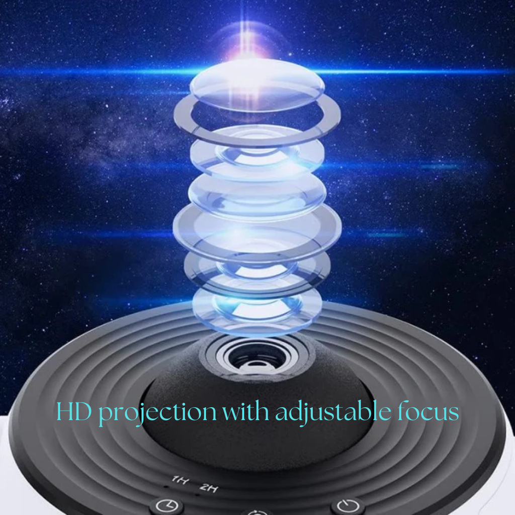Projektor galaxie se otáčí o 360 stupňů a promítá noční oblohu po celé místnosti.