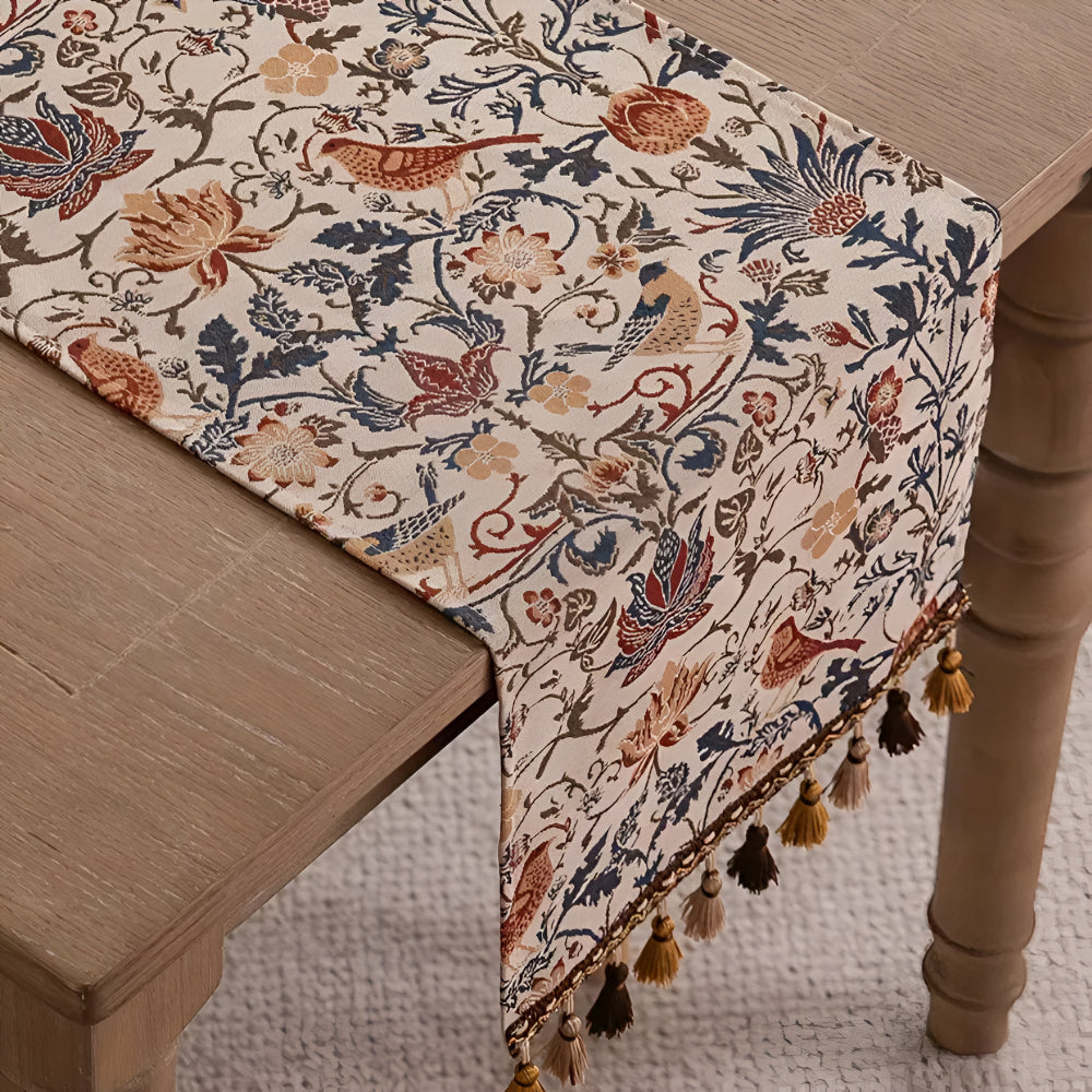 Elegant Country Dining Table Runner with Vintage Floral and Bird Jacquard