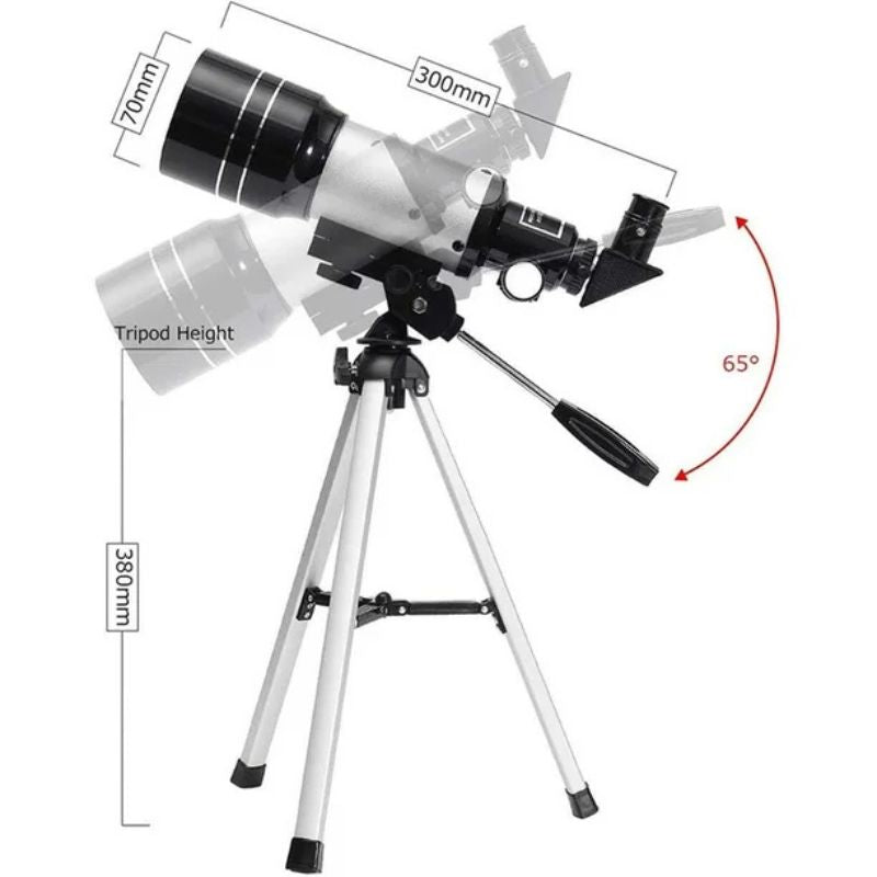 70 mm-es nyílású távcső 300 mm-es fókusztávolsággal, könnyű csillagászathoz és természetmegfigyeléshez