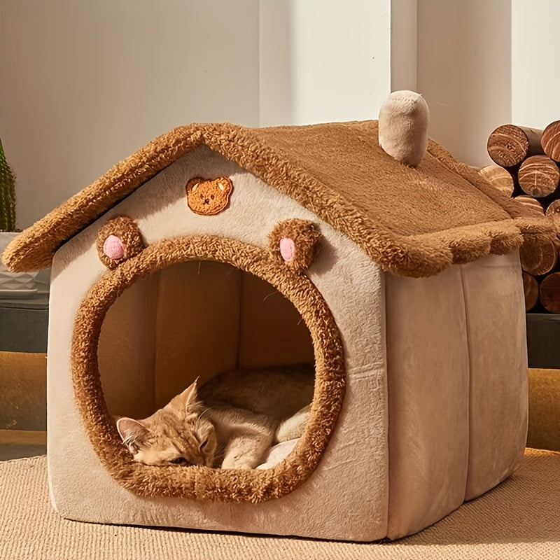 سرير بيت القطط الفاخر من Pawnest مع غطاء دافئ لراحة الشتاء