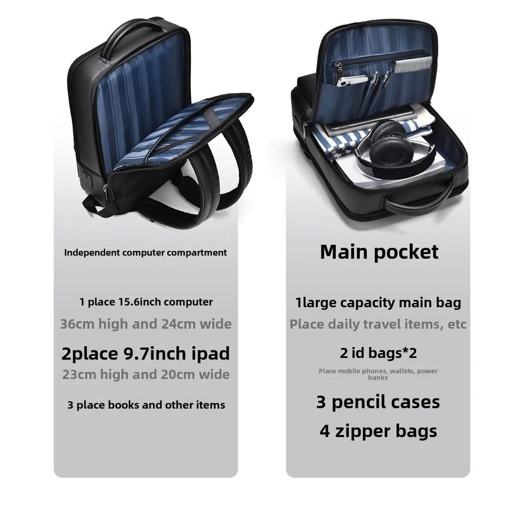 Elegant Black Leather Backpack With USB Port For 15.6-Inch Laptop
