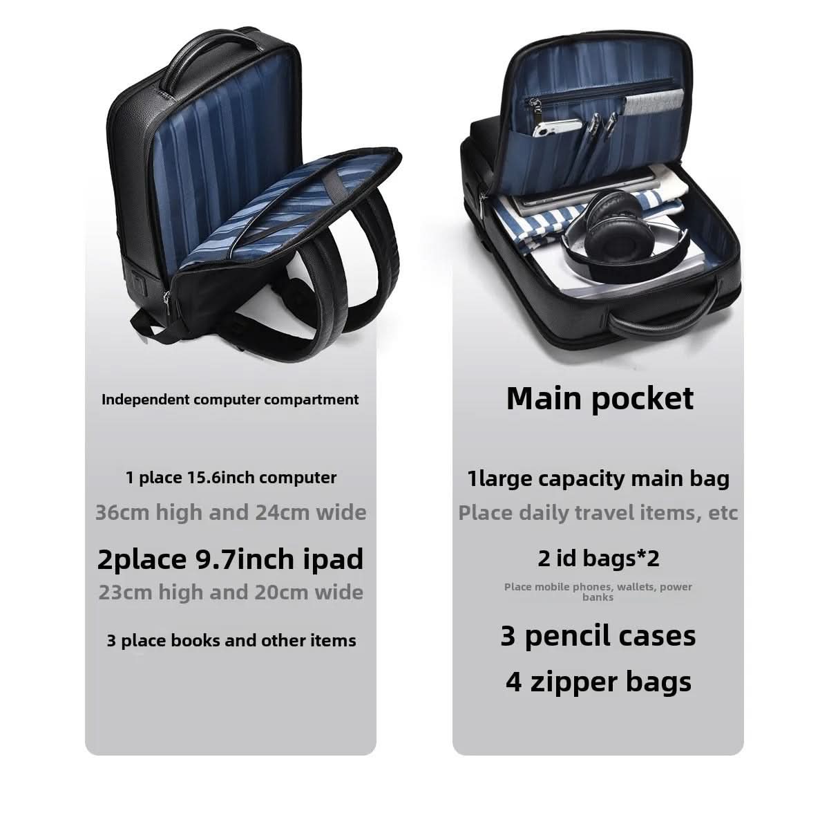 Elegant Black Leather Backpack With USB Port For 15.6-Inch Laptop
