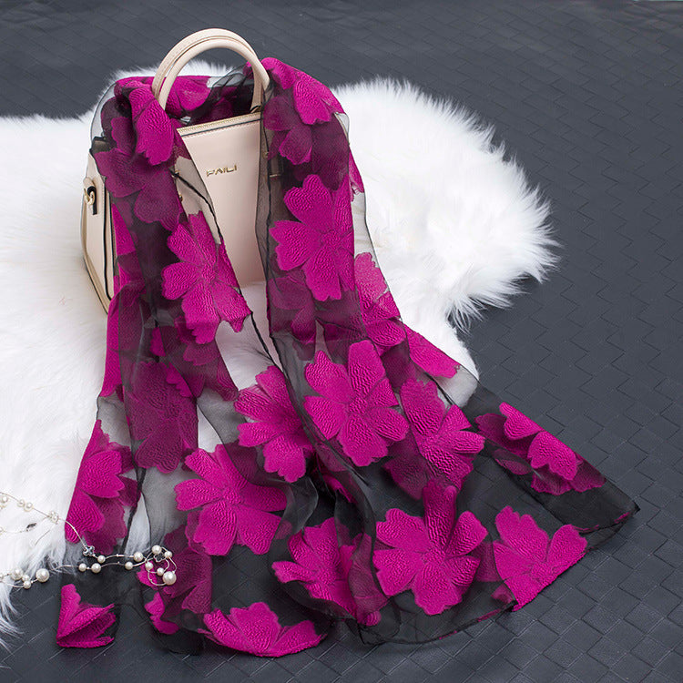 Silk Scarf Featuring Floral Cutwork Hollow Motif Accessory