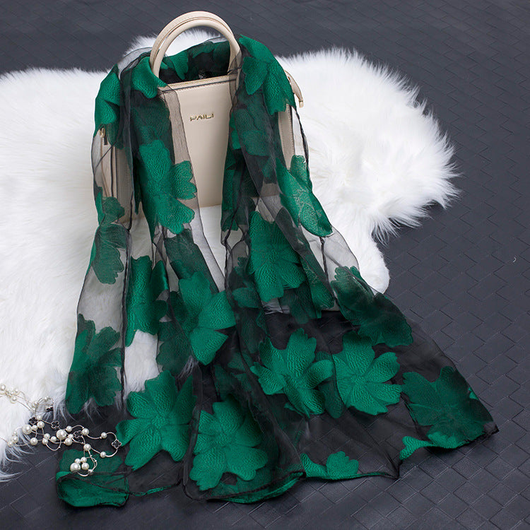 Silk Scarf Featuring Floral Cutwork Hollow Motif Accessory