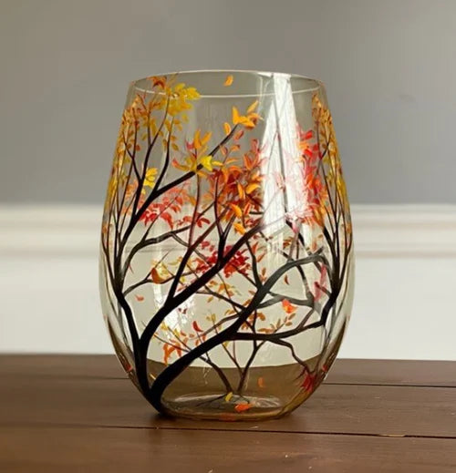 Hand Painted Four Seasons Tree Wine Glasses | Unique Art