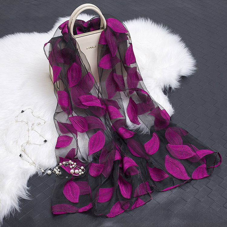 Silk Scarf Featuring Floral Cutwork Hollow Motif Accessory