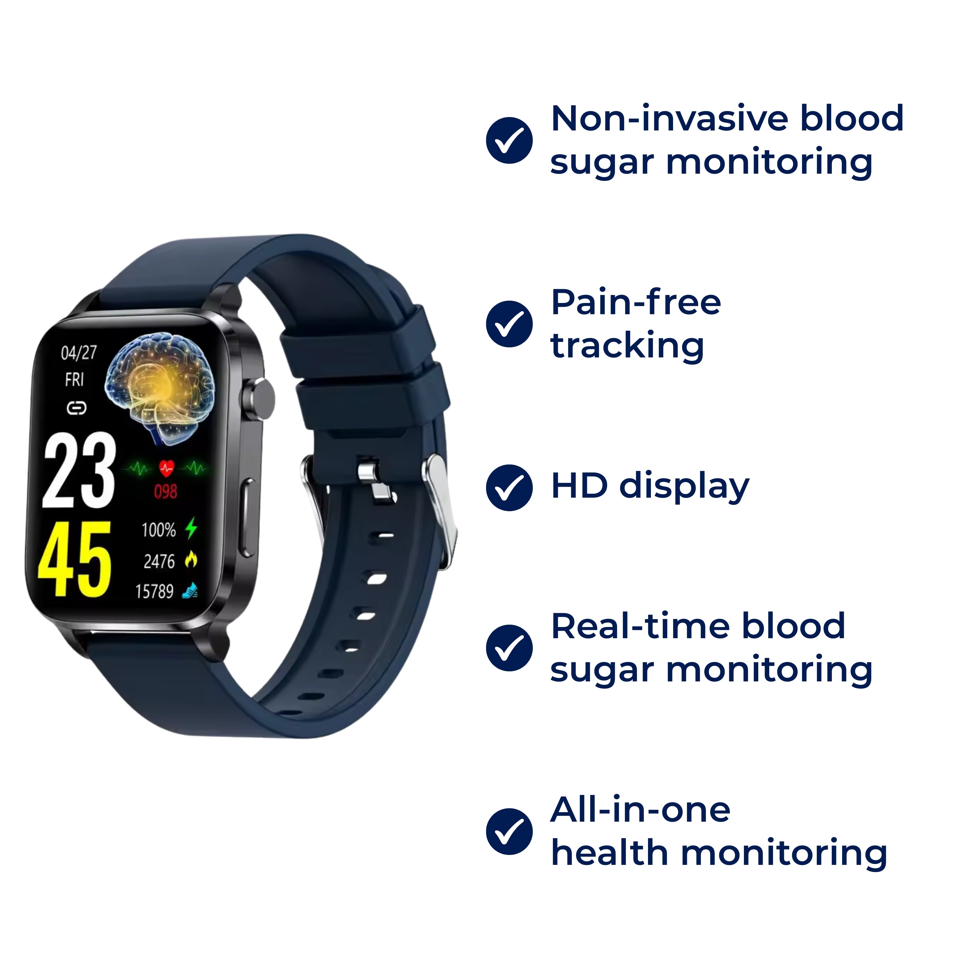 GlucoWell Ikke-invasivt sundheds-smartwatch med wellness-monitor og HD-skærm