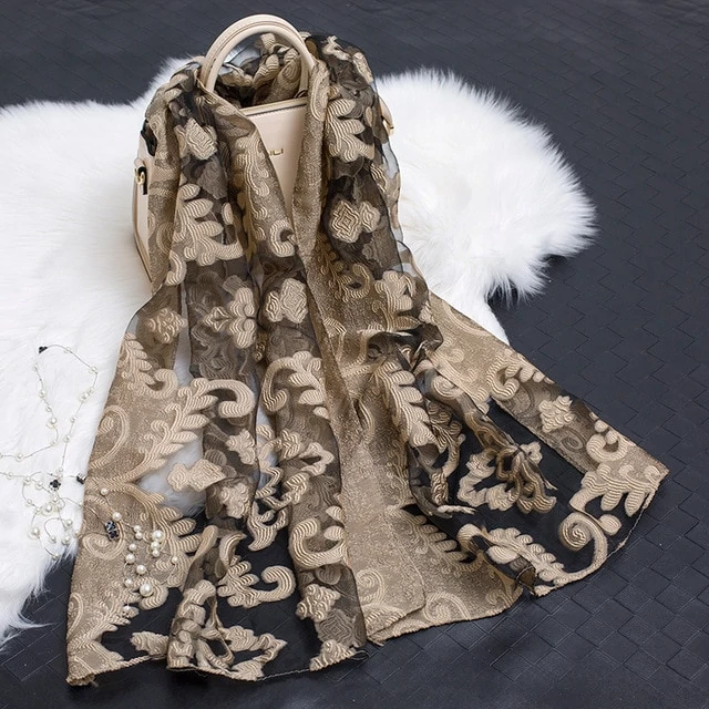 Silk Scarf Featuring Floral Cutwork Hollow Motif Accessory