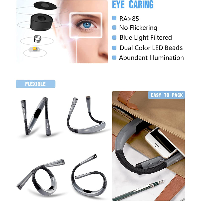 LED lampička na čtení na krk pro noční čtení, tři barvy, šest úrovní jasu, ohebná ramena