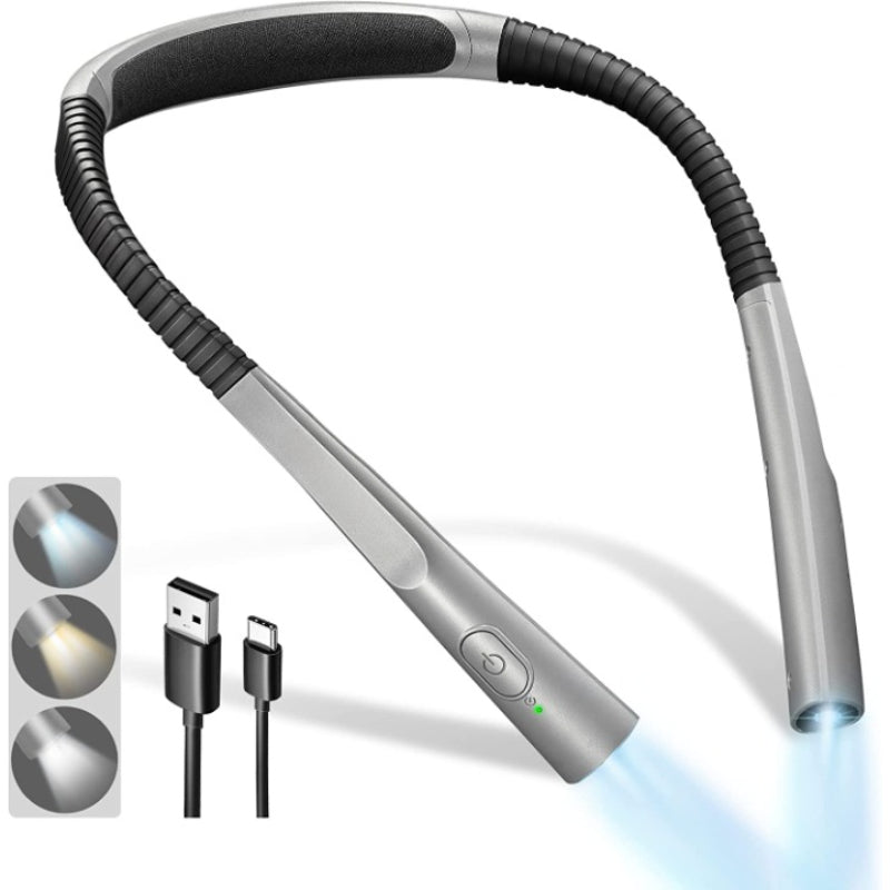 LED lampička na čtení na krk pro noční čtení, tři barvy, šest úrovní jasu, ohebná ramena