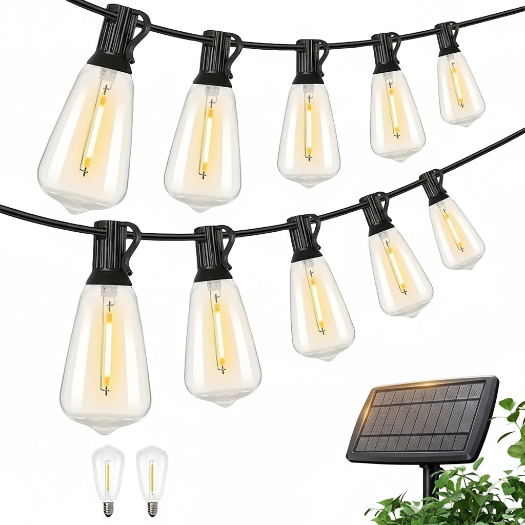Solara 100 Ft Solar Light Strings Outdoor LED With Dimmable Yellow St38 Bulbs