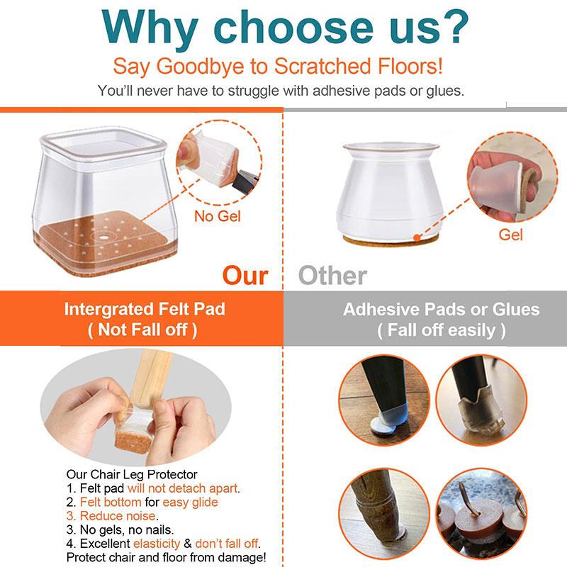 Clear Silicone Chair Leg Caps with Integrated Felt Pads