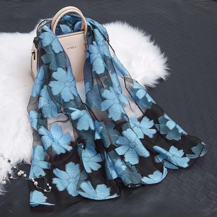 Silk Scarf Featuring Floral Cutwork Hollow Motif Accessory