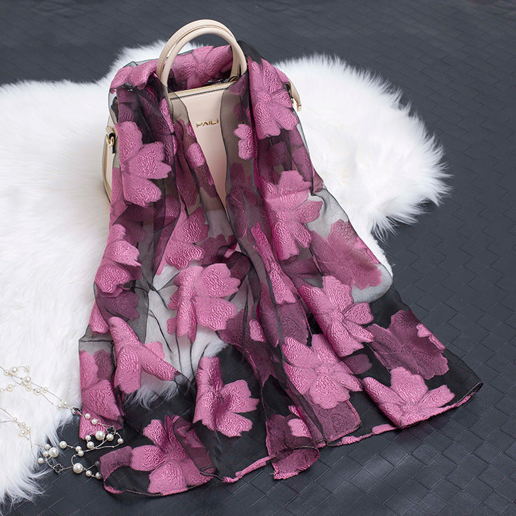 Silk Scarf Featuring Floral Cutwork Hollow Motif Accessory