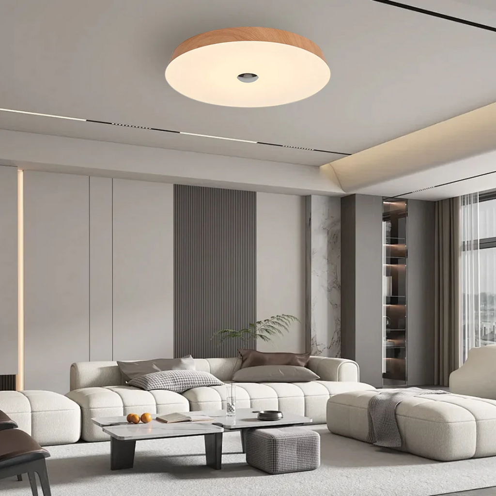 Lámpara de techo LED redonda LumaVista con vetas de madera natural
