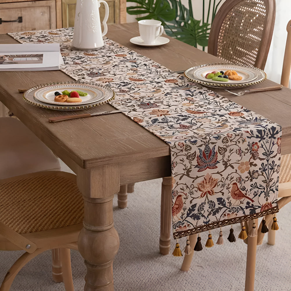 Elegant Country Dining Table Runner with Vintage Floral and Bird Jacquard
