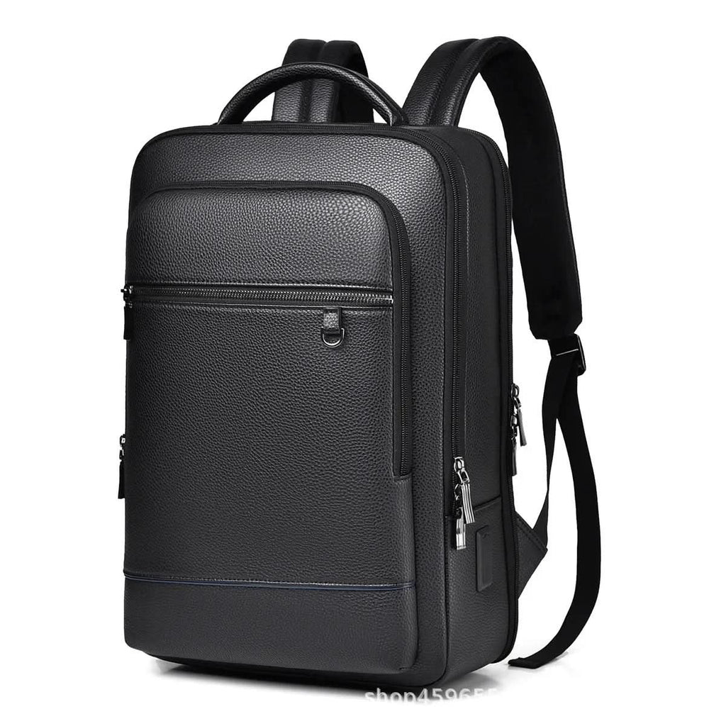 Elegant Black Leather Backpack With USB Port For 15.6-Inch Laptop