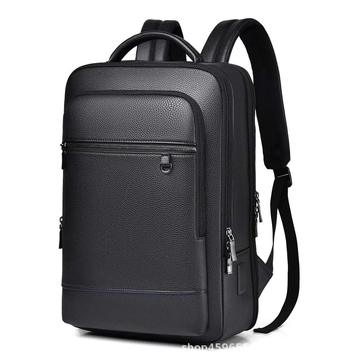 Elegant Black Leather Backpack With USB Port For 15.6-Inch Laptop