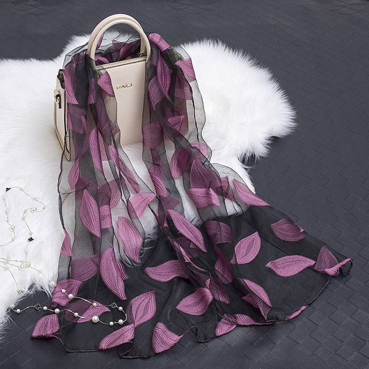 Silk Scarf Featuring Floral Cutwork Hollow Motif Accessory