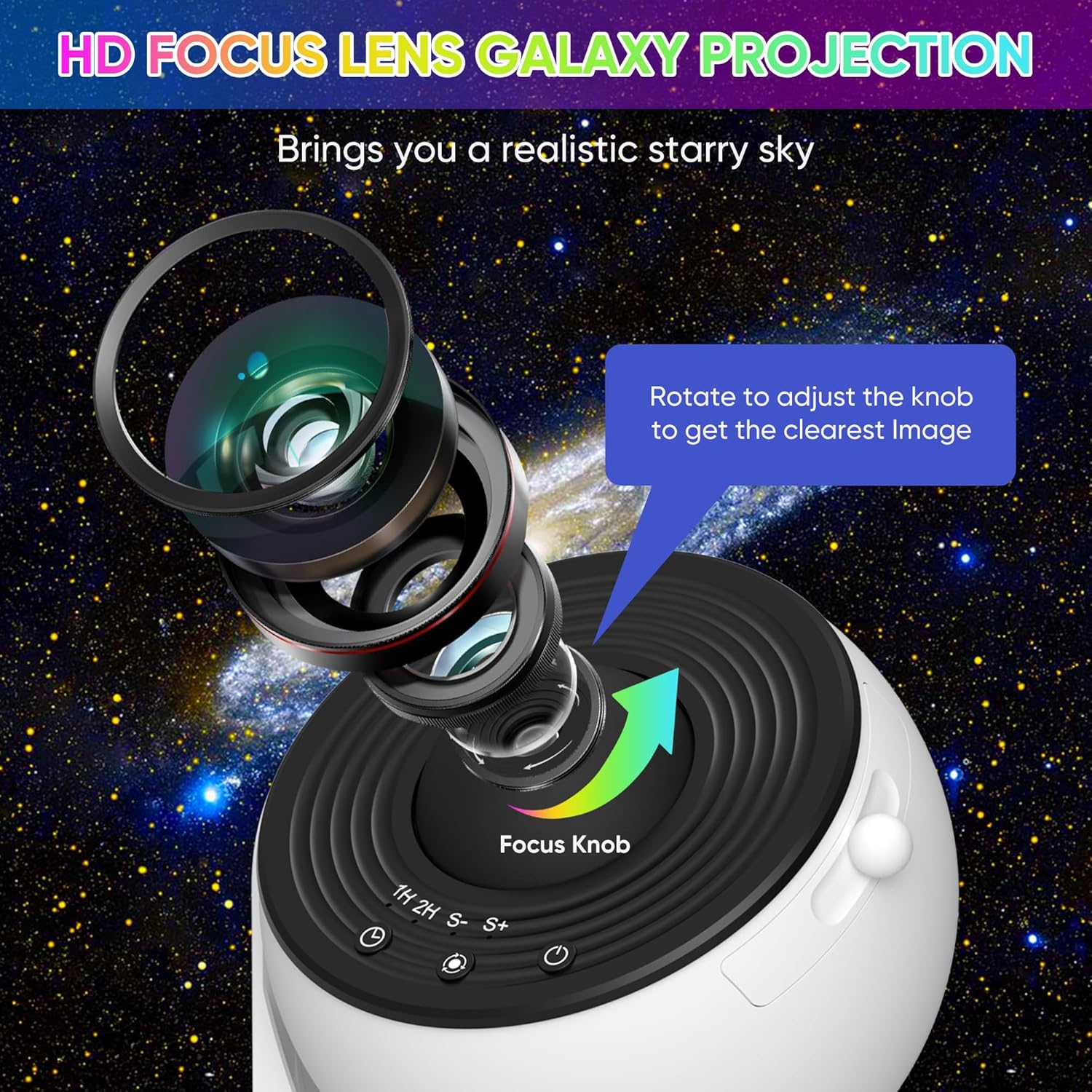 Projektor galaxie se otáčí o 360 stupňů a promítá noční oblohu po celé místnosti.