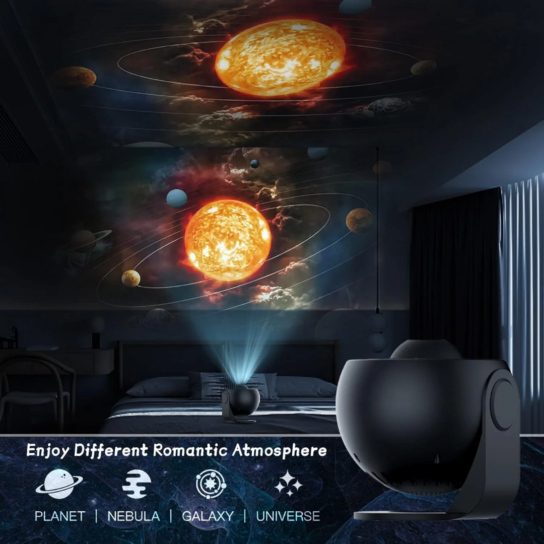 Projektor galaxie se otáčí o 360 stupňů a promítá noční oblohu po celé místnosti.