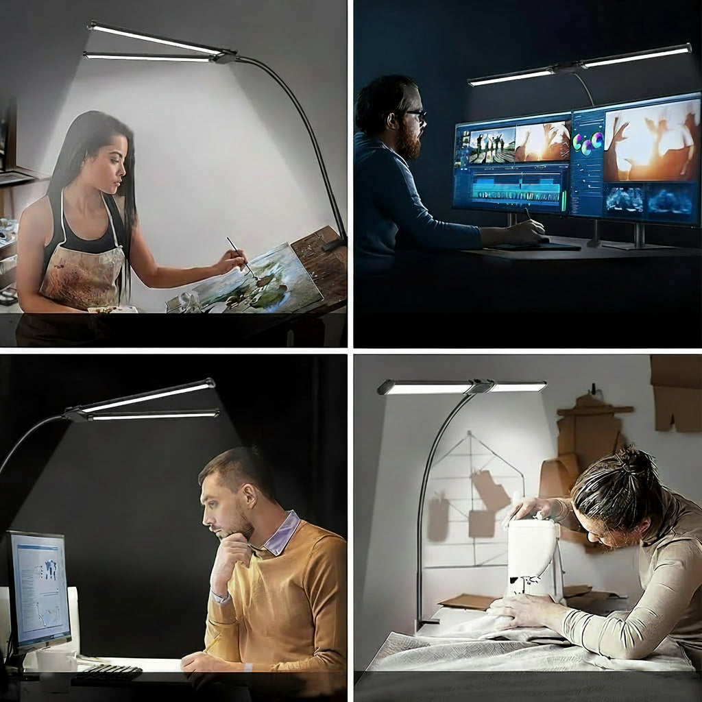 Lampka biurkowa LED GlowNest z podwójną głowicą, zasilana przez USB, z elastyczną szyjką typu gęsia szyja