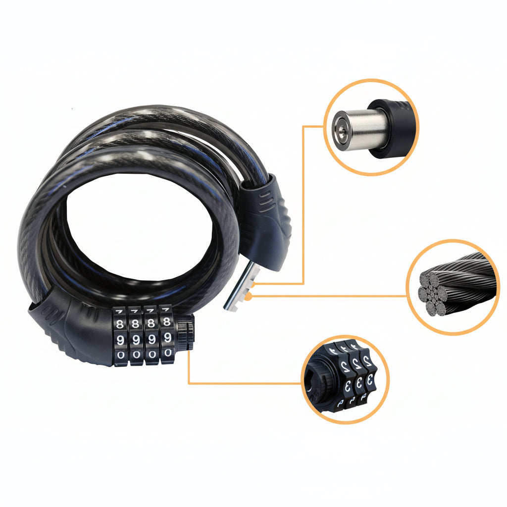 Zamek rowerowy BikeGuard ze stalowym kablem i 4-cyfrowym kodem do rowerów elektrycznych i szosowych
