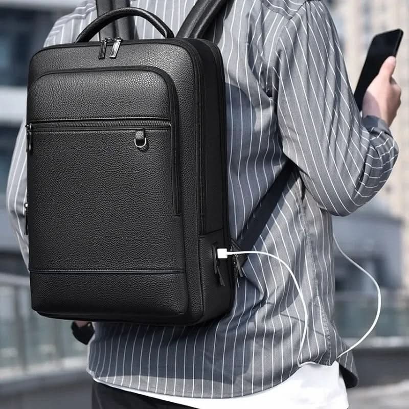 Elegant Black Leather Backpack With USB Port For 15.6-Inch Laptop