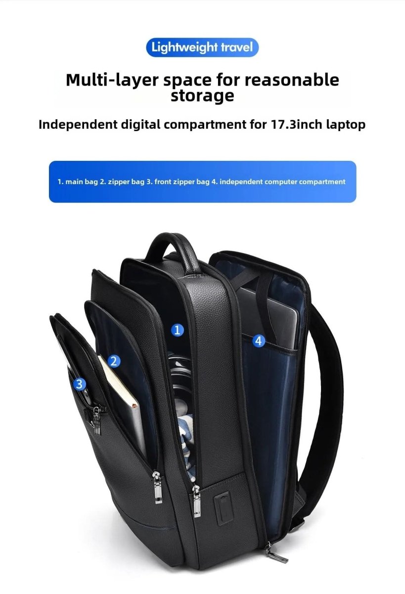 Elegant Black Leather Backpack With USB Port For 15.6-Inch Laptop