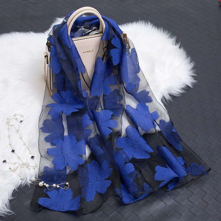 Silk Scarf Featuring Floral Cutwork Hollow Motif Accessory