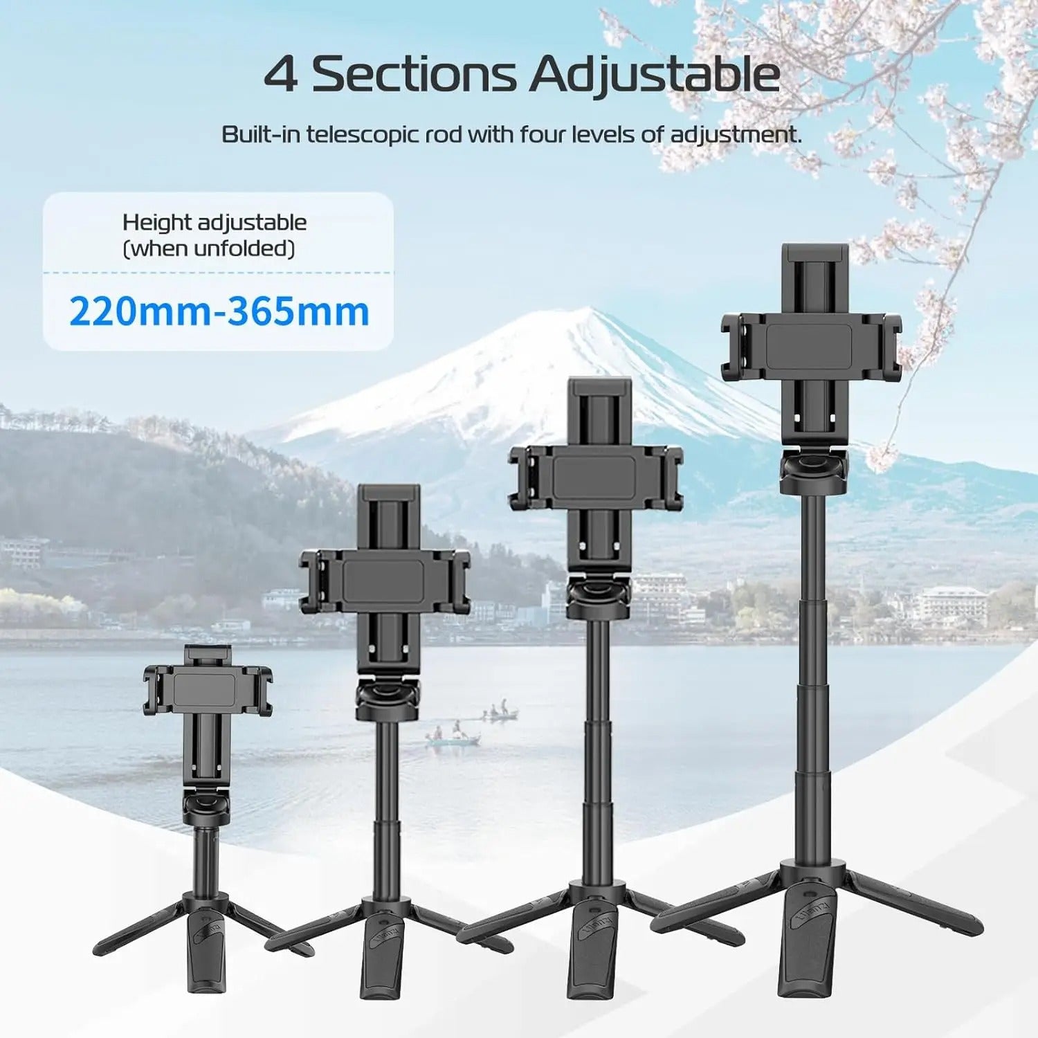 Čtyřdílný vysouvací selfie tyč s Bluetooth stativem a otočnou svorkou